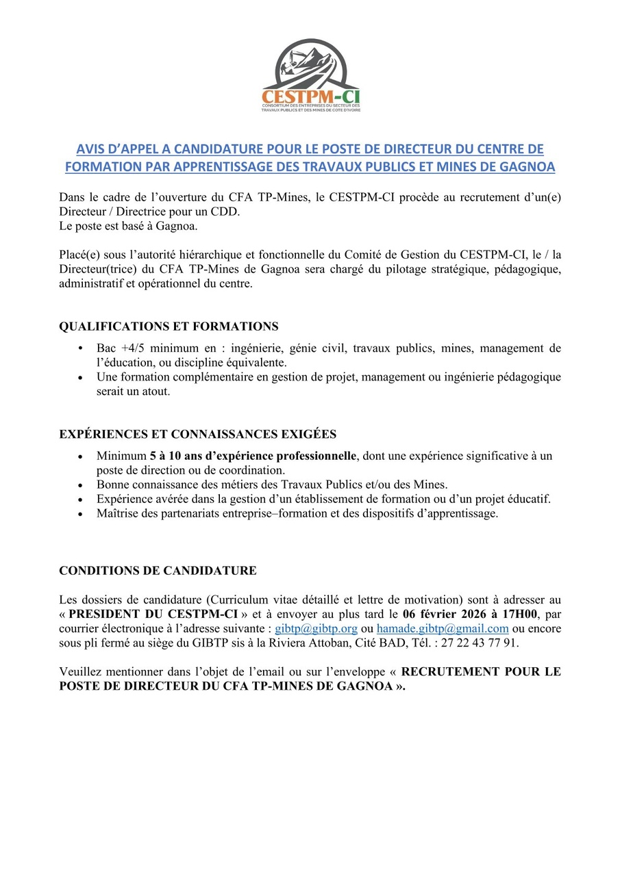 AVIS D’APPEL A CANDIDATURE POUR LE POSTE DE DIRECTEUR DU CENTRE DE FORMATION PAR APPRENTISSAGE DES TRAVAUX PUBLICS ET MINES DE GAGNOA